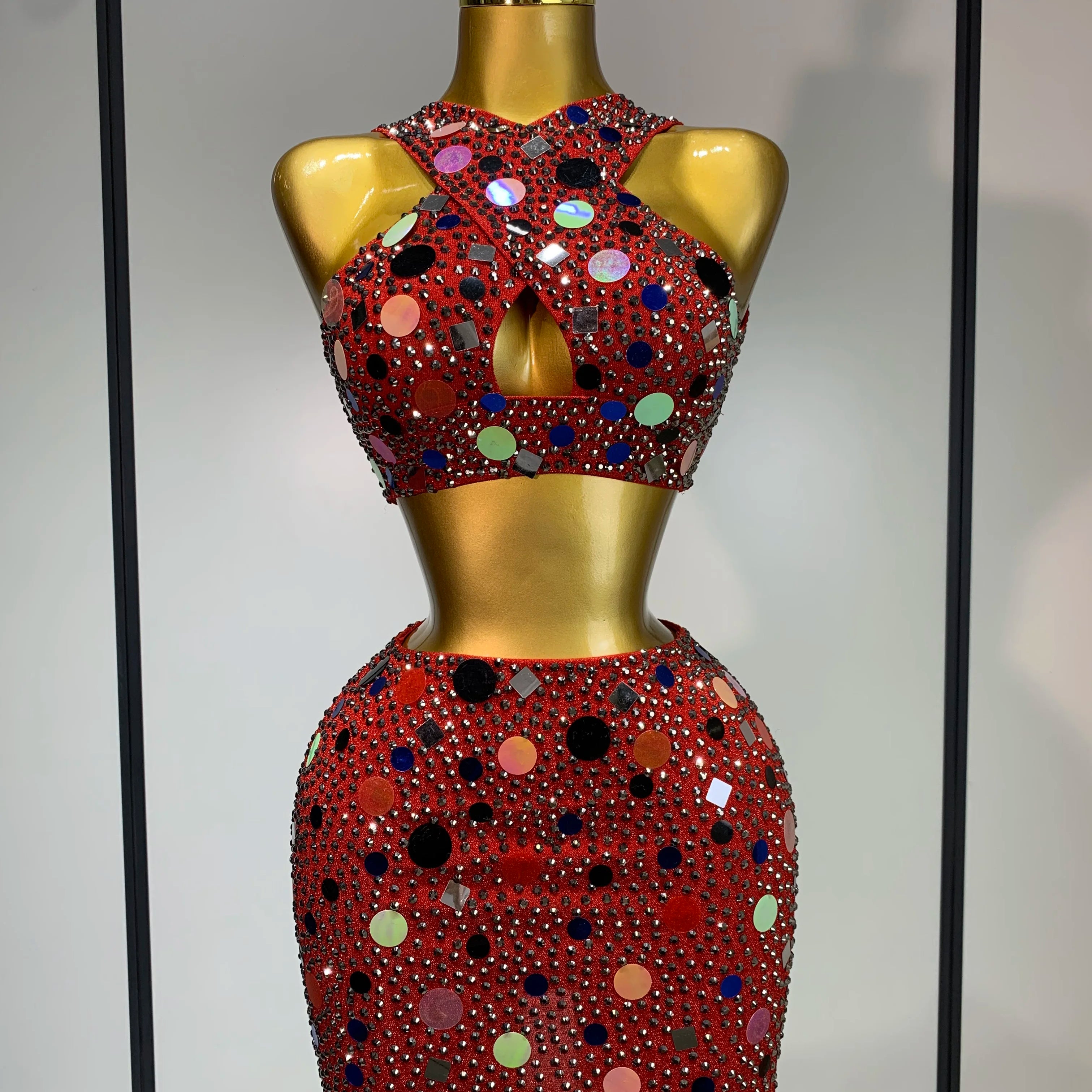 High Quality Luxury Rhinestone Sequin Sexy Two Piece Set 2025 New Fashion Nightclub Sparkly Perform Stage Costume Birthday Dress