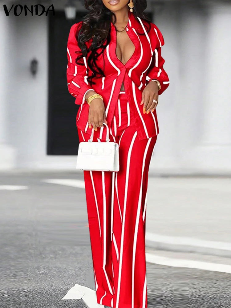 Plus Size 5XL VONDA 2025 Women Pants Sets Matching Sets Vintage Striped Shirt Trouser Casual Two-Piece Sets Office Lady Suits