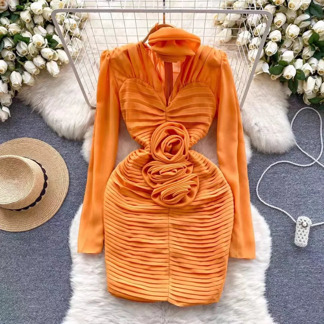 New French Spring 3D Rose Floral Chiffon Pleated Mini Dress Runway Women Sexy V Neck Puff Sleeve Folds Slim Bodycon Party Dress Orange