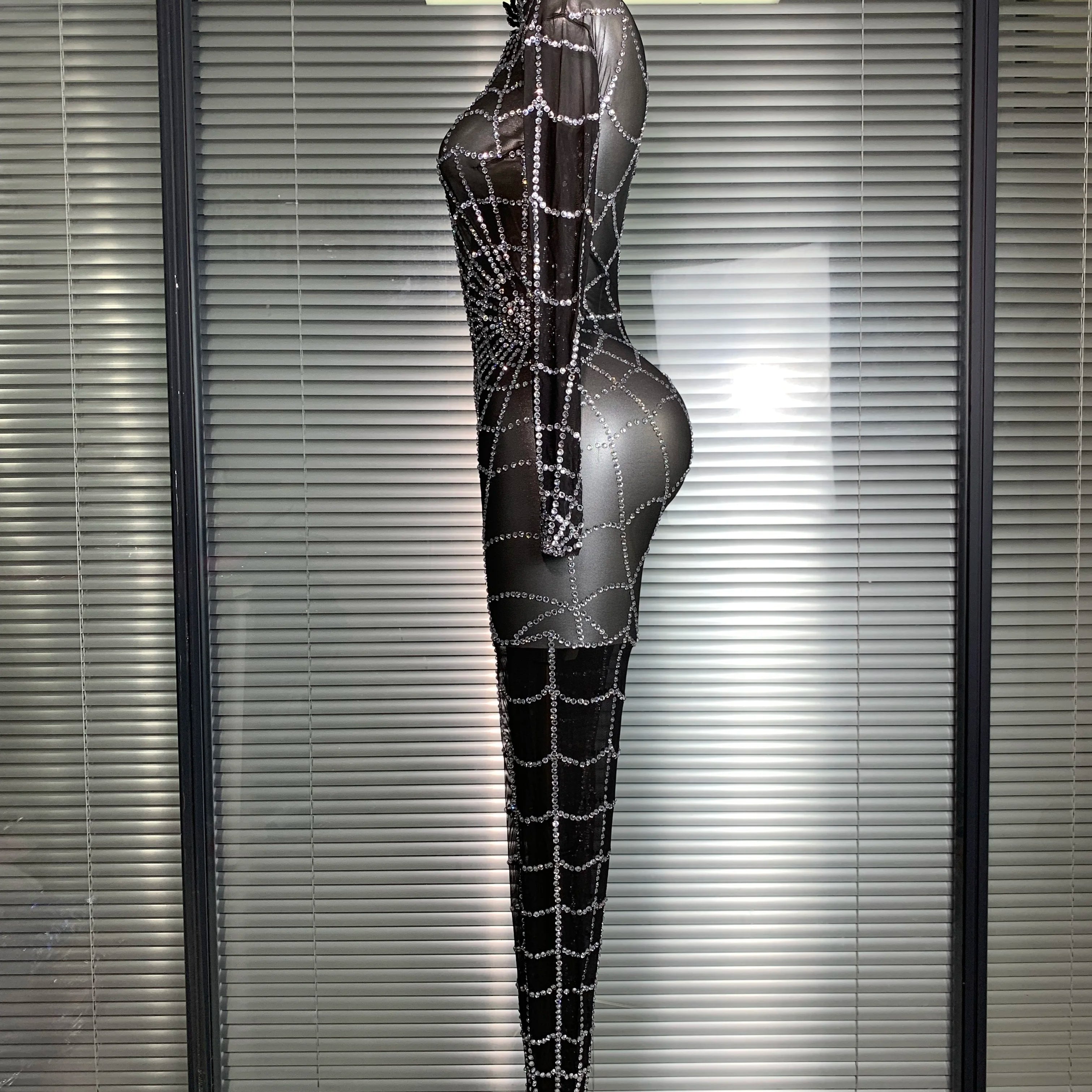 Summer New 2025 Women Sexy Crystal Sheer Black Long Sleeve Bodycon Jumpsuit Celebrity Designer Dancer Night Club Rompers