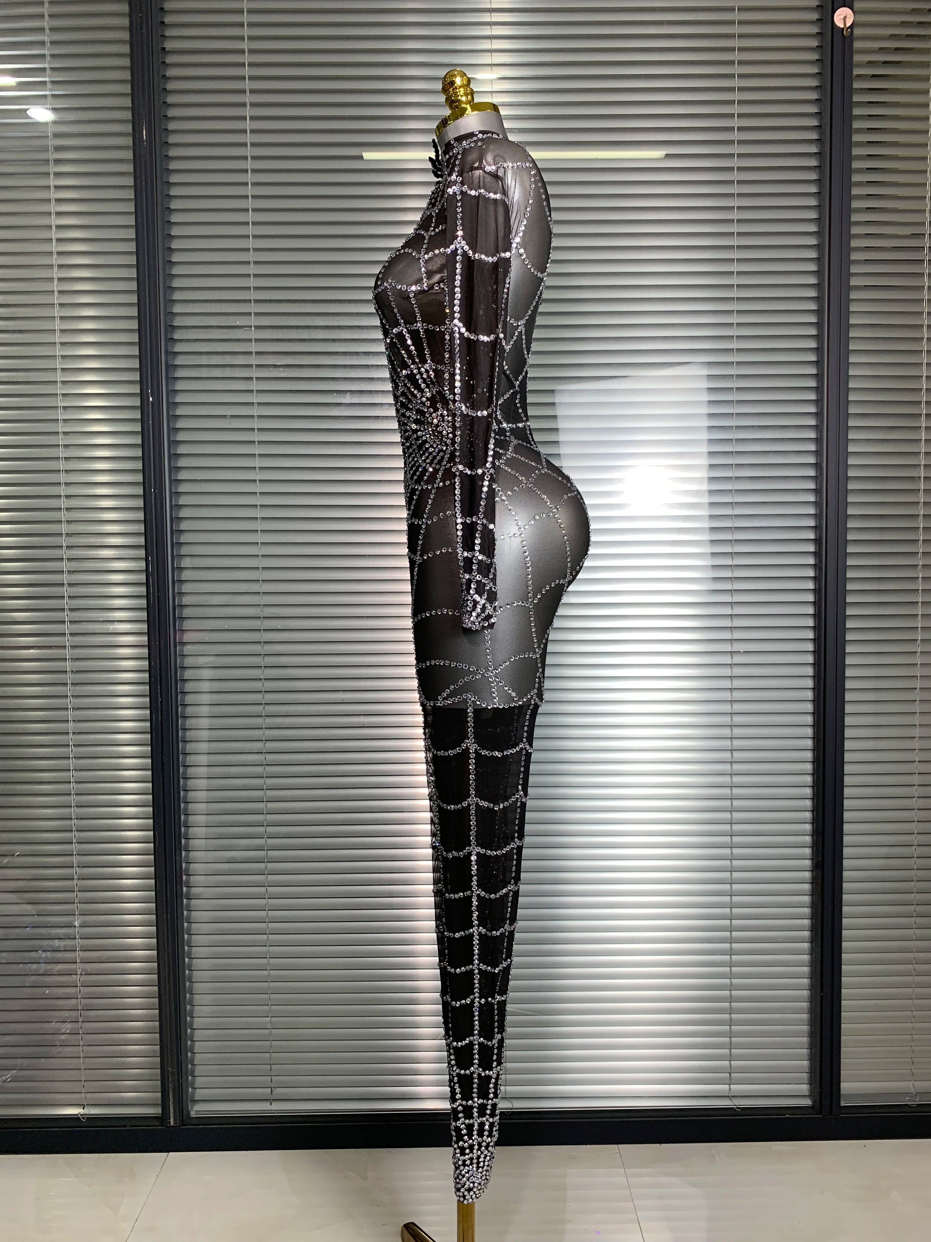 Summer New 2025 Women Sexy Crystal Sheer Black Long Sleeve Bodycon Jumpsuit Celebrity Designer Dancer Night Club Rompers