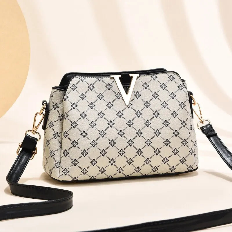 Women Vintage Print Crossbody Bag V Letter Classic Shoulder Bag Female Elegant Geometric Pattern Casual Bag Work Gift Print Black