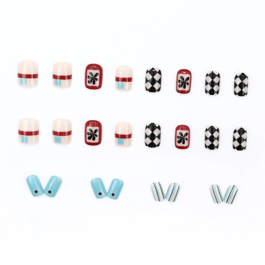 24pcs Almond Press on Nails Color Block Checkerboard Diamond Pattern Fake Nail for Women&Girl Removable Wearable Nail Sticker