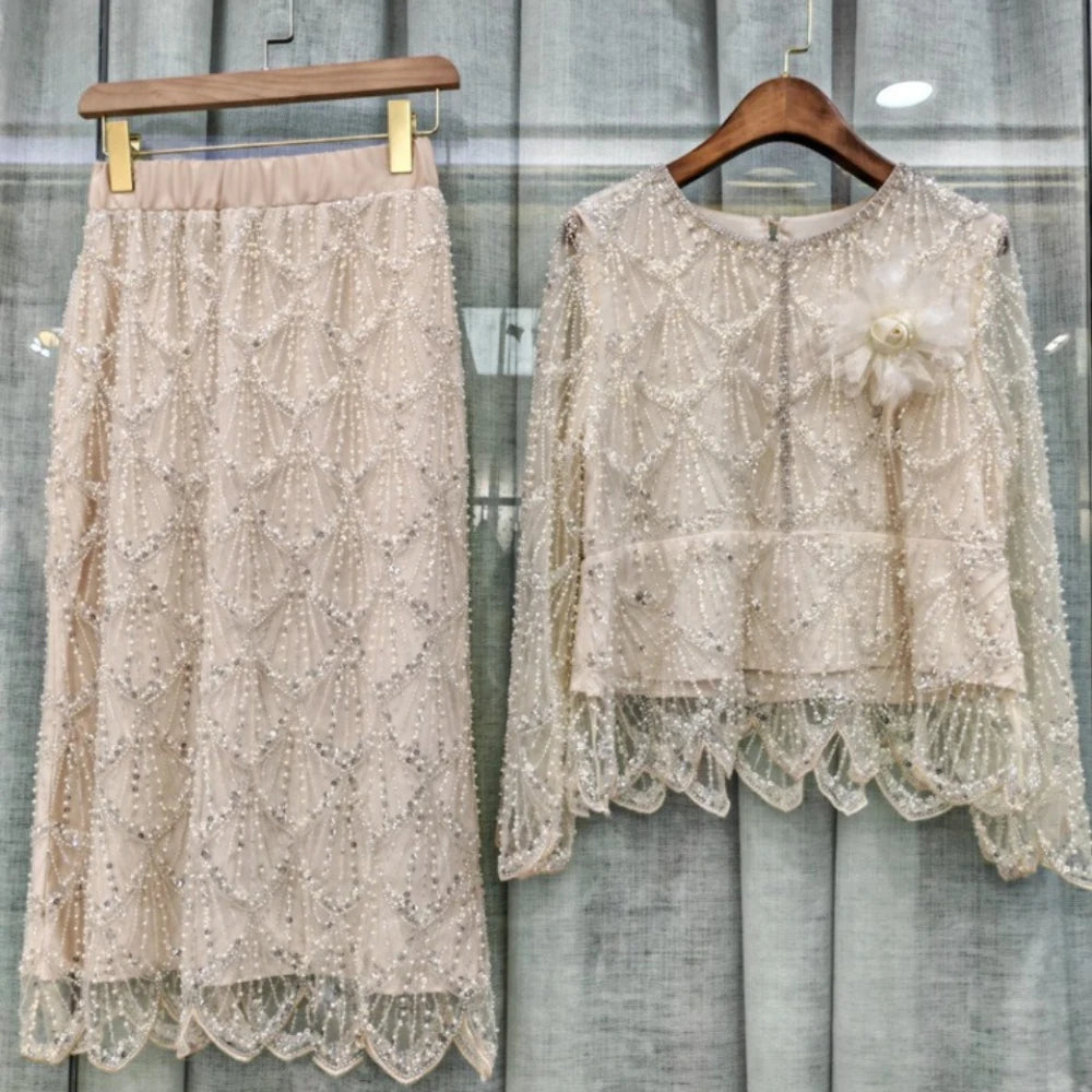 TWOTWINSTYLE Spliced Bead Luxurious Two Piece Sets for Women Round Neck Long Sleeve Patchwork 3D Flower Top Skirt Set Female New