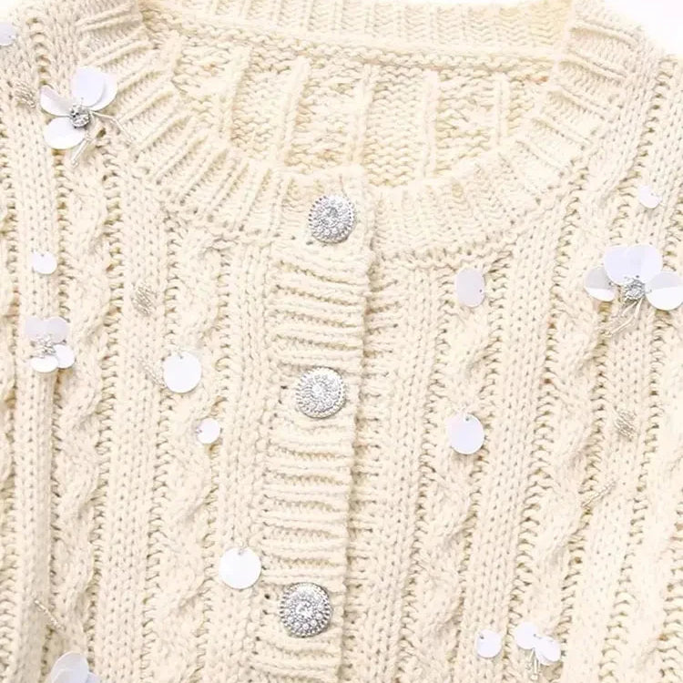 Women Fashion With Beading Cropped Knit Cardigan Sweater Vintage Long Sleeve Front Button Female Outerwear Chic Tops