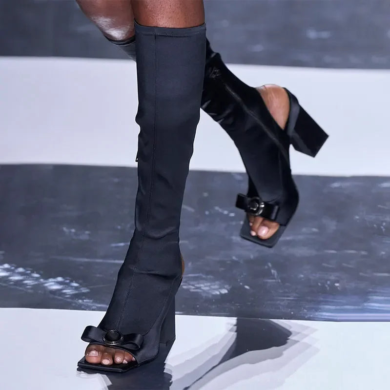 Women's Spring/Summer New Knee Long Women's Boots Fish Mouth Side Zipper Elastic Mid Sleeve Boots 44 Large Women's Boots