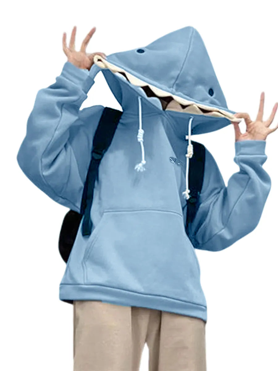 Women Cute Shark Hoodie Long Sleeve Blue Kawaii Animal Shark Shape Hooded Pullover Oversized Aesthetic Sweatshirts for Teen Blue