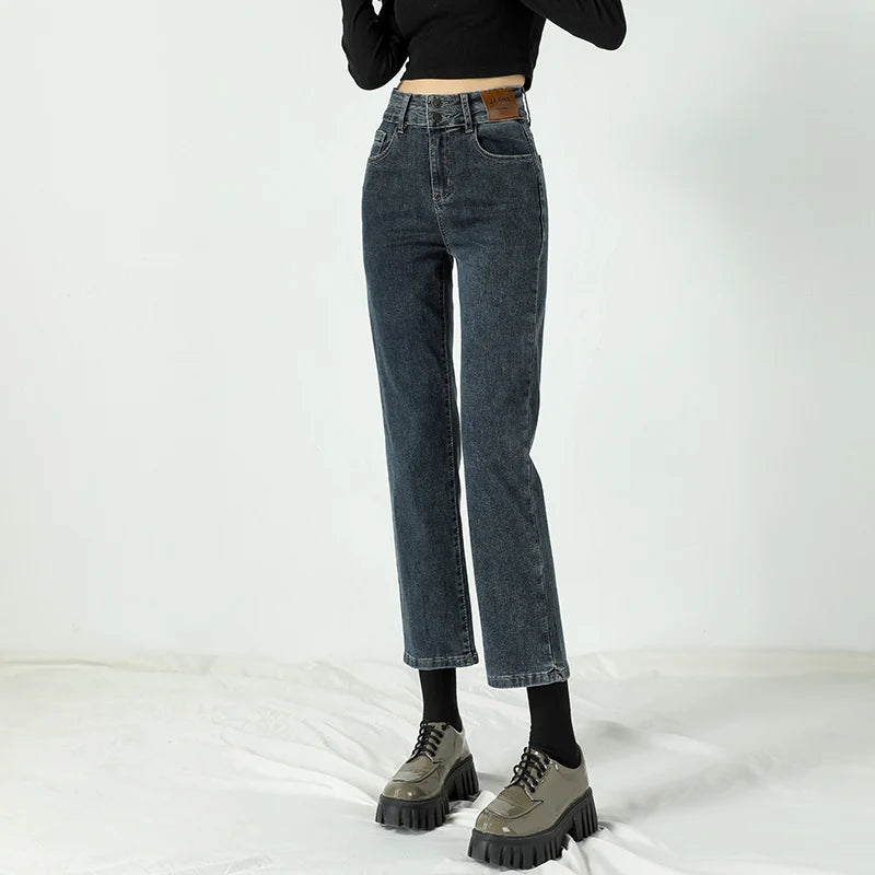 Ladies Denim Jeans High Waist Strecth Slim Straight Brand Double Button Sexy Denim Ninth Pants
