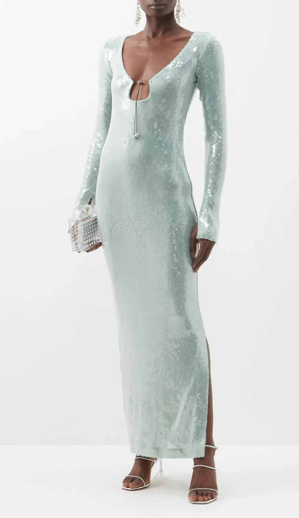 STOCK New Autumn High Quality Sparkling Sequins Sexy V-Neck Hollow Out Aklen Length Dress Fashion Woman Evening Party Outfit