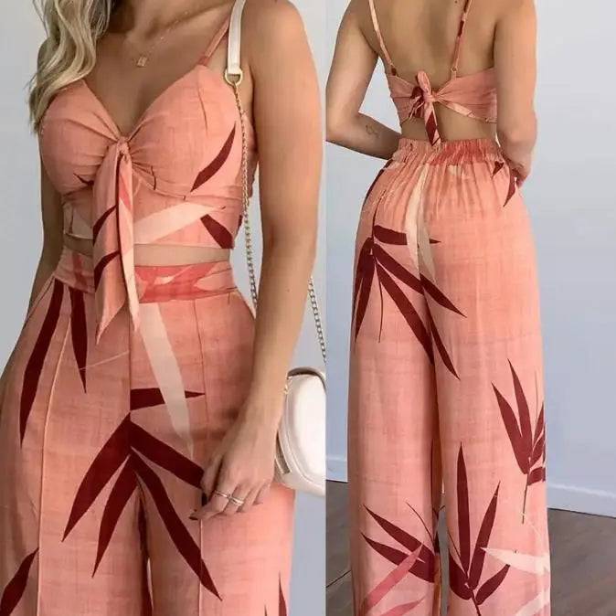 Summer New Women's Suit Sexy Sleeveless Backless Womens Outfits Leaf Print Crop Top & Wide Leg Pants Set Long Pants 2 Piece Sets Beige