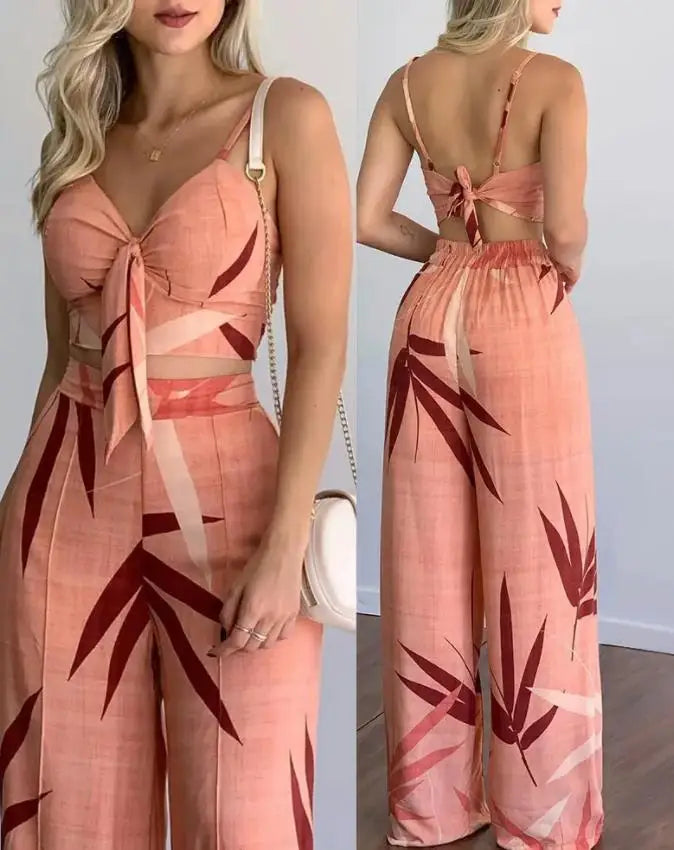 Summer New Women's Suit Sexy Sleeveless Backless Womens Outfits Leaf Print Crop Top & Wide Leg Pants Set Long Pants 2 Piece Sets Beige