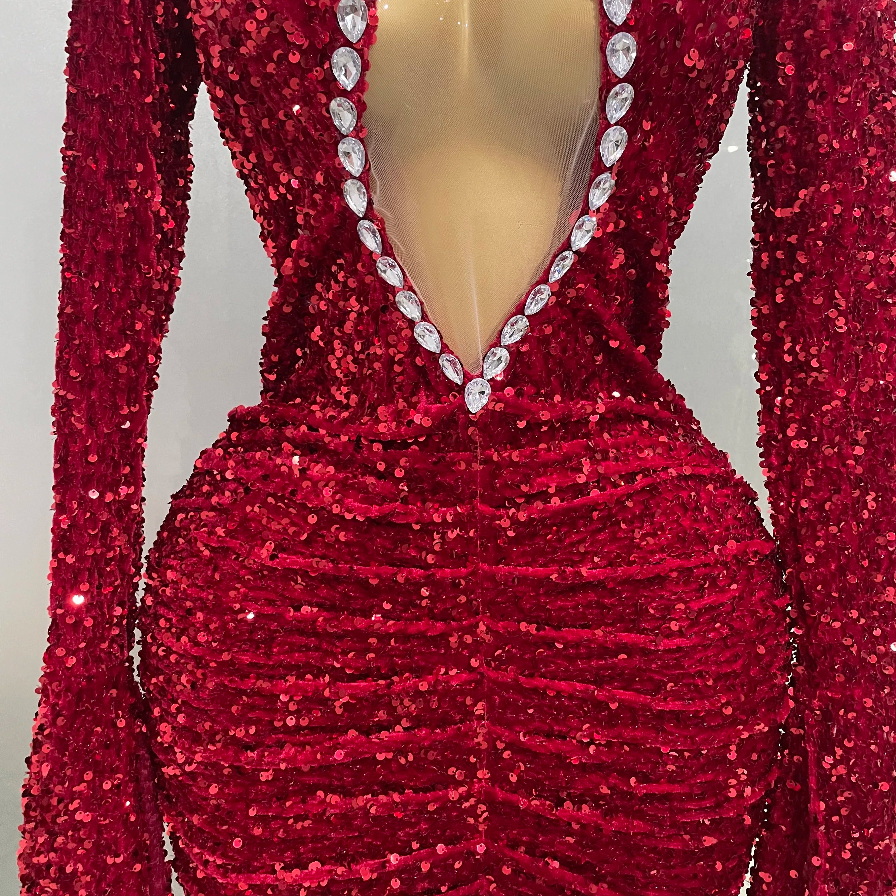 Sexy Shiny Red Sequins Rhinestones Sheath Mini Dress 2025 New Women Evening Birthday Party Nightclub Stage Performance Costume