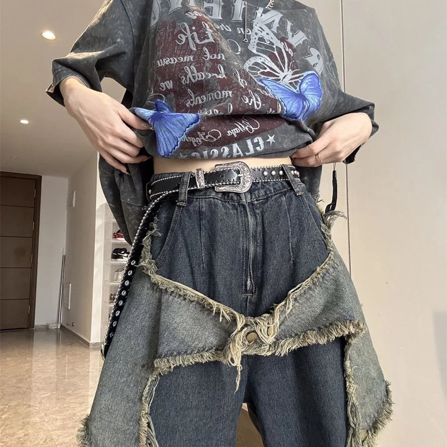 Y2K Cargo Jeans Pants Women Street Loose Oversize Panelled Pentacle Raw Hem Pant 2024 Vintage Blue Hip Hop Female Denim Trousers