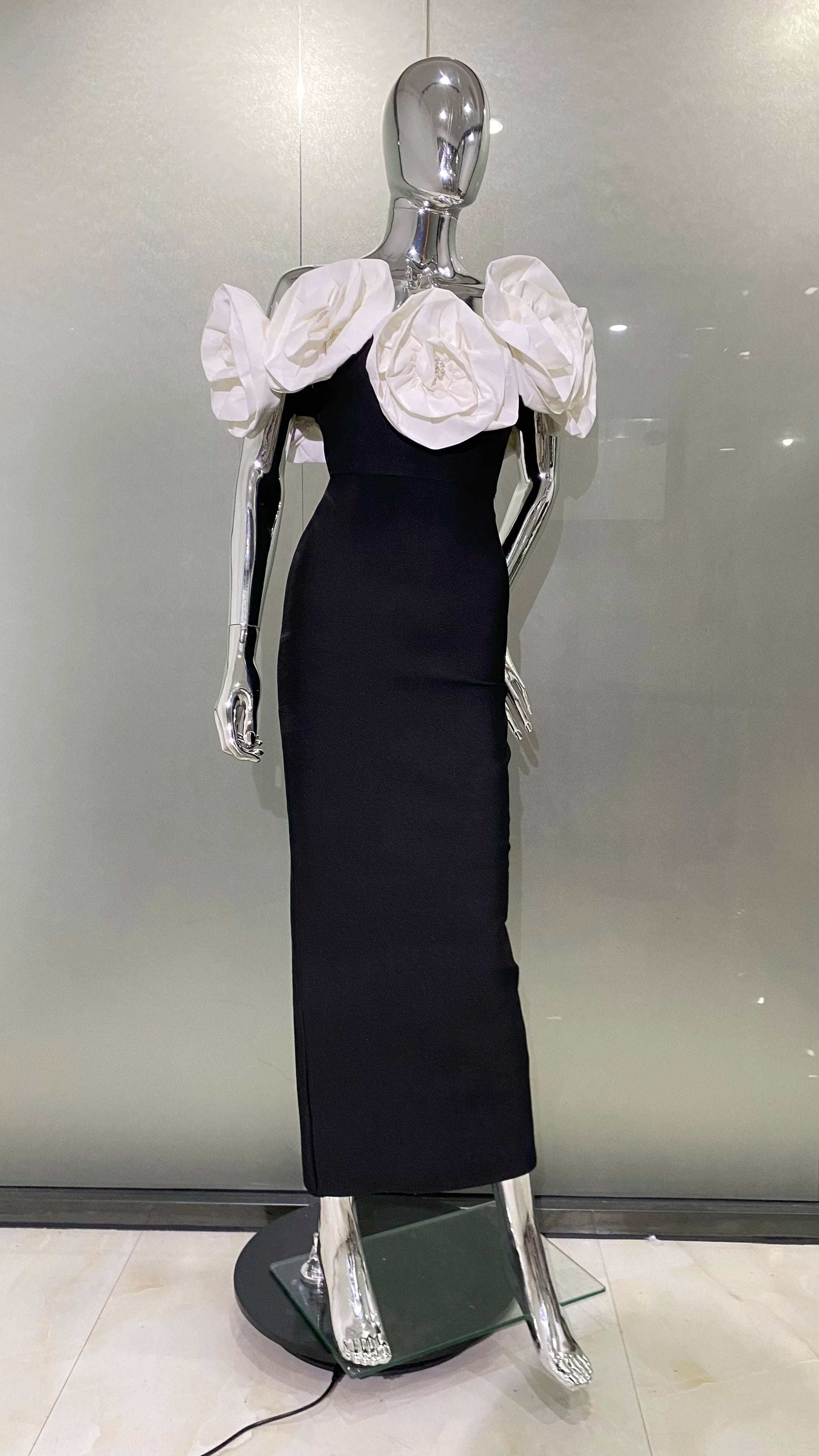 Women Sexy Big Flowers Off the SHoulder Bodycon Bandage Long Dress Fashion Celebrate Evening Party Dress