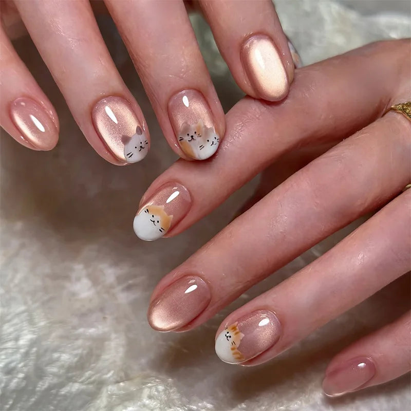 30pcs Cat Eye Cartoon Press on Nails Design False Nail for Women&Girl Short Oval Full Coverage Nail Tips Removable Wearable Nail