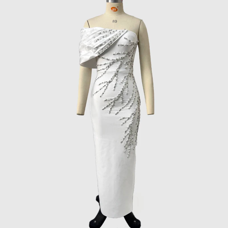 White Black Color Women Sexy One Shoulder Shinning Crystal Bodycon Long Bandage Dress Celebrate Fashion Evening Party Outfit