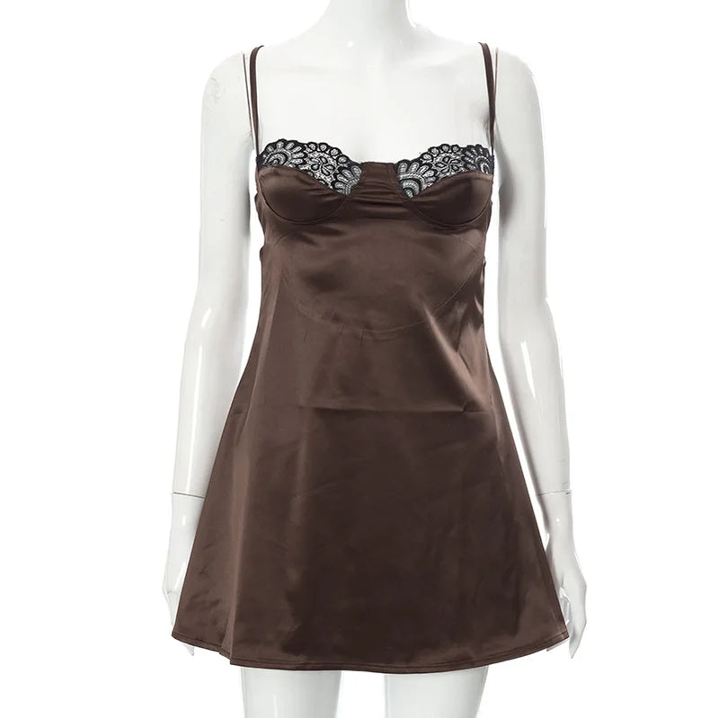 NEONBABIPINK Sexy White Lace Trim Satin Sundress Fairycore Backless Low Cut A Line Mini Dresses for Women Summer N85-CF11 Brown