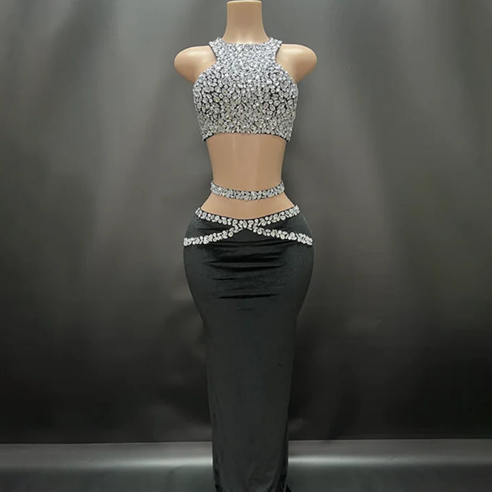 Sparkly Crystal Bodycon Tops 2 Pieces Bodycon Long Dress Women Sexy Off the Shoulder Nightclub Party Performance Costume