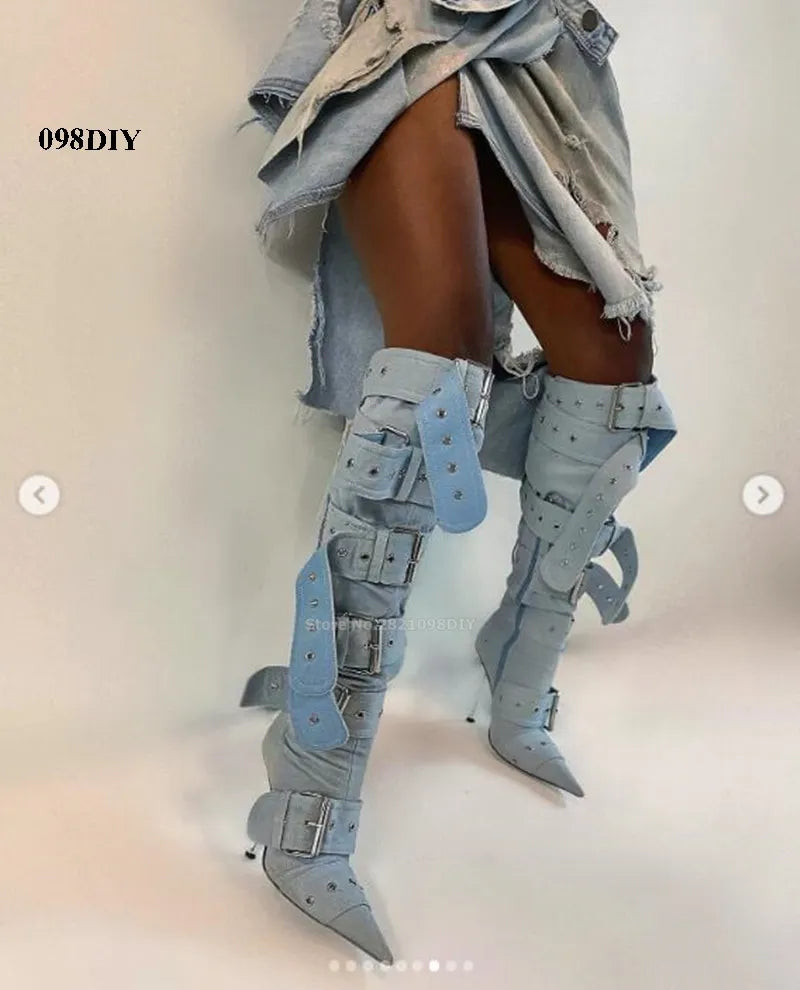Denim Thigh High Boots Women Sexy Super Pointy Toe Punk Metal Buckle High Heels Shoes Ladies Puttee Blue Biker Boots De Mujer