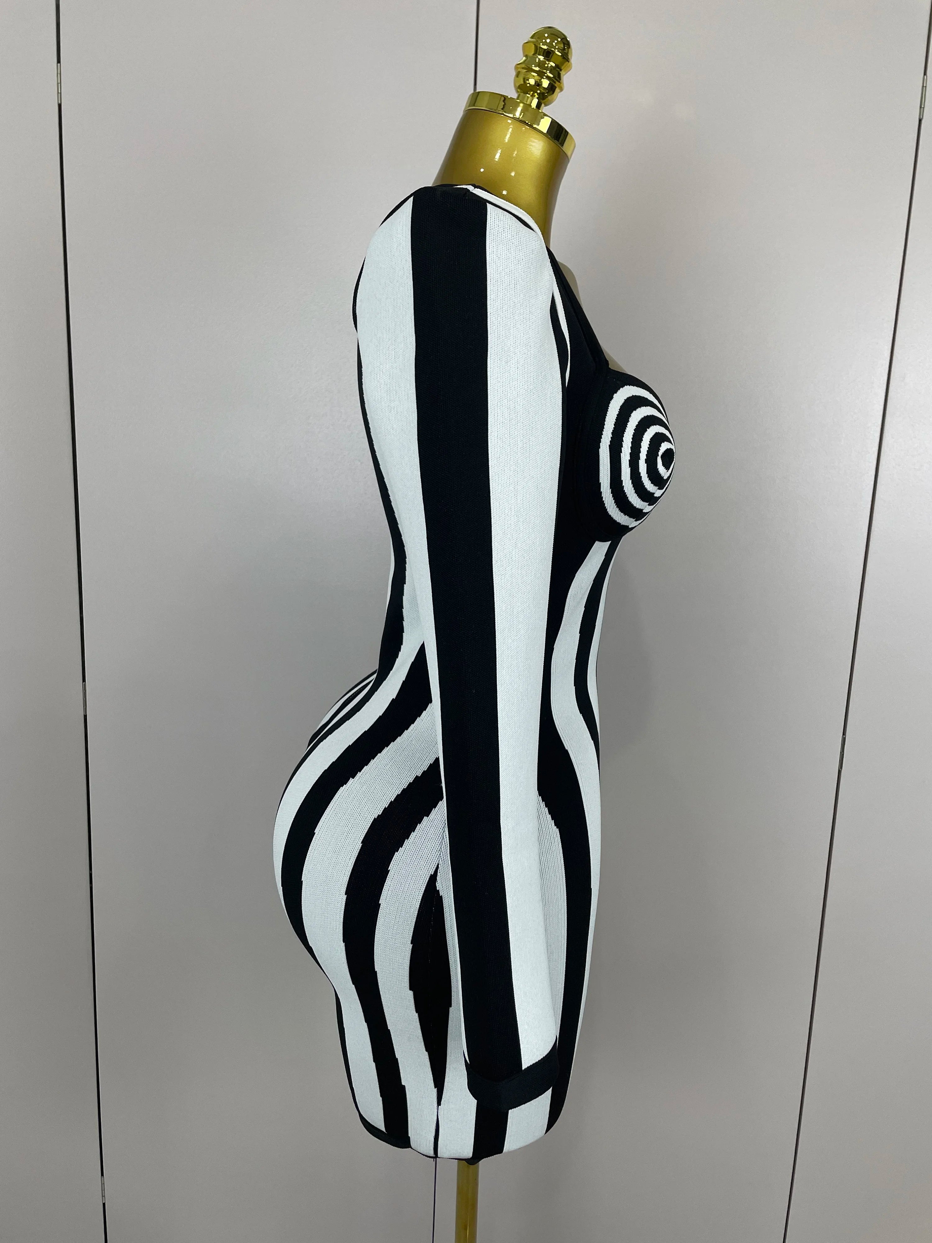 Vestido de bandagem luxuoso, sexy, de manga comprida, listrado, preto e branco, feminino, de malha, elegante, para noite, para clube, aniversário, 2025