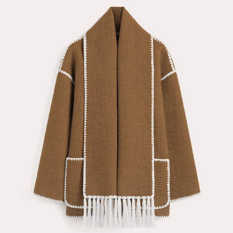 Fashion Embroidery Coat With Scarf For Women Long Sleeve Pockets Jacket Female Autumn Single Breasted Loose Lady Streetwear as picture 6