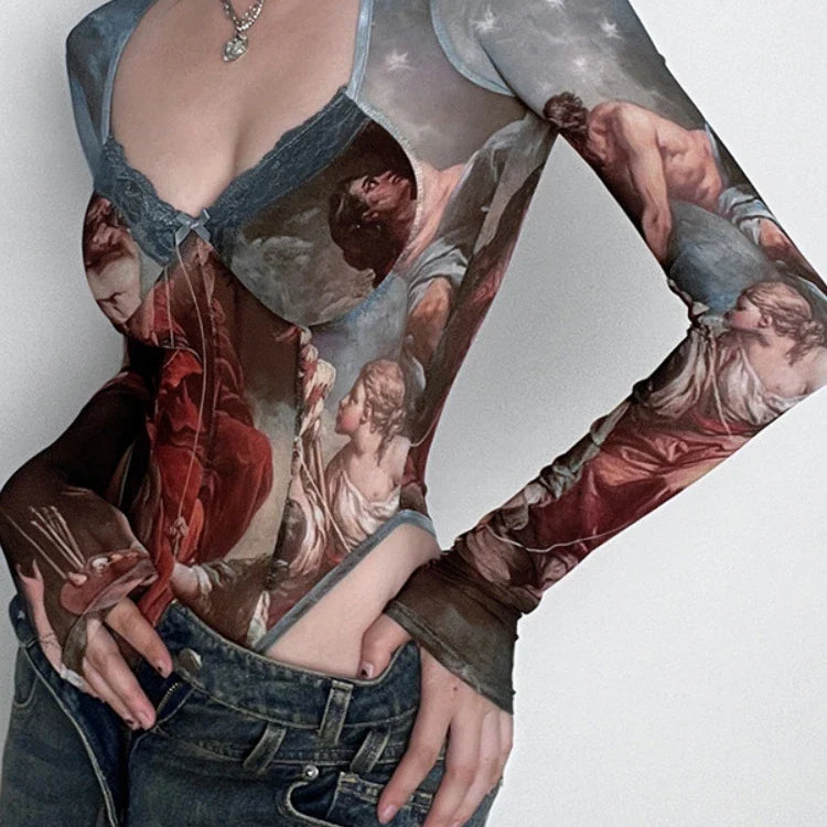 Vintage Print Sexy Bodysuit Lingerie See Through Gauze Lenceria Tranparente Long Sleeve Body Feminino Square Collar Bustier Tops