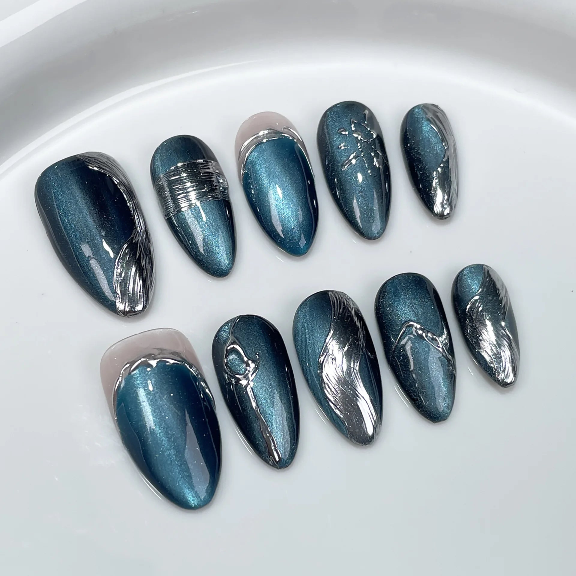 10Pcs Metallic Almond Handmade Fake Nails with Glue Sweet Cool Gel Nail Press on Dark Color Full Cover False Manicure Nail Tips