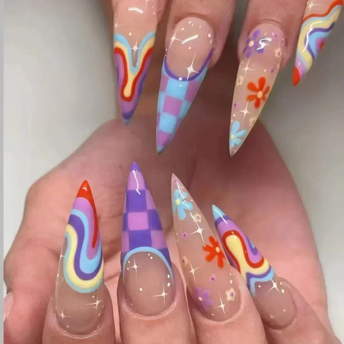 24 peças unhas postiças com cola amêndoa preto vermelho gradiente design destacável strass acrílico unha postiça longa stiletto unhas de pressão