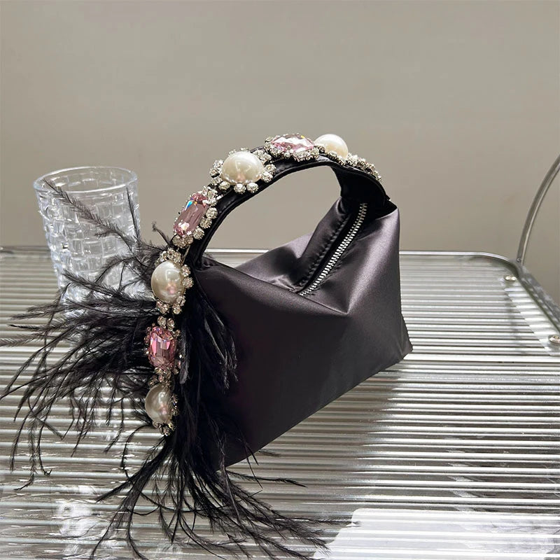 Handbag Luxury Shiny Crystal Purses Designer Rhinestones Clutch Purse Bag for women handle bag Women's bag purse eveing black feathers (20cm<Max Length<30cm)