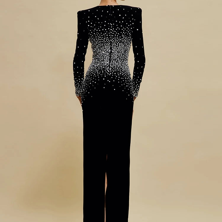 VC Black Long Sleeves Pearls Embellished Long Dress For Women V Neck Beaded Celebrity Party Evening Gowns Vestidos