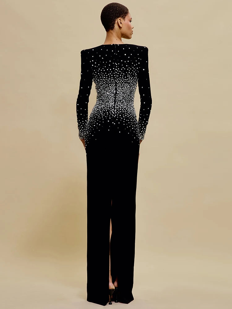 VC Black Long Sleeves Pearls Embellished Long Dress For Women V Neck Beaded Celebrity Party Evening Gowns Vestidos