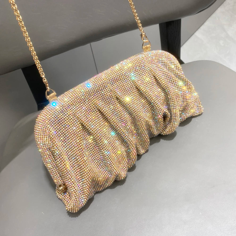 Shiny Rhinestones Handmade Evening Clutch Bags New Folds Purses And Handbags Luxury Designer Wedding Party High Quality Gold AB