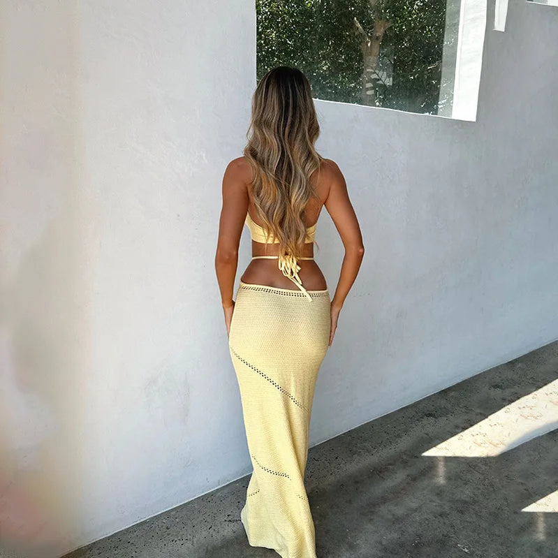Yellow Knitted Beach Dress Women Fashion Halter Hollow Out Slim Long Dresses Summer Sexy Backless Holiday Party Outfits 2024