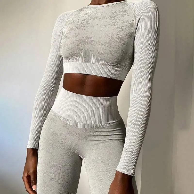 Rid Seamless Yoga Set Women 2pcs Two Piece Long Sleeve Crop Top T-Shirt Leggings Outfit Clothes Gym Wear Fitness Suit Sport Sets Gray Set