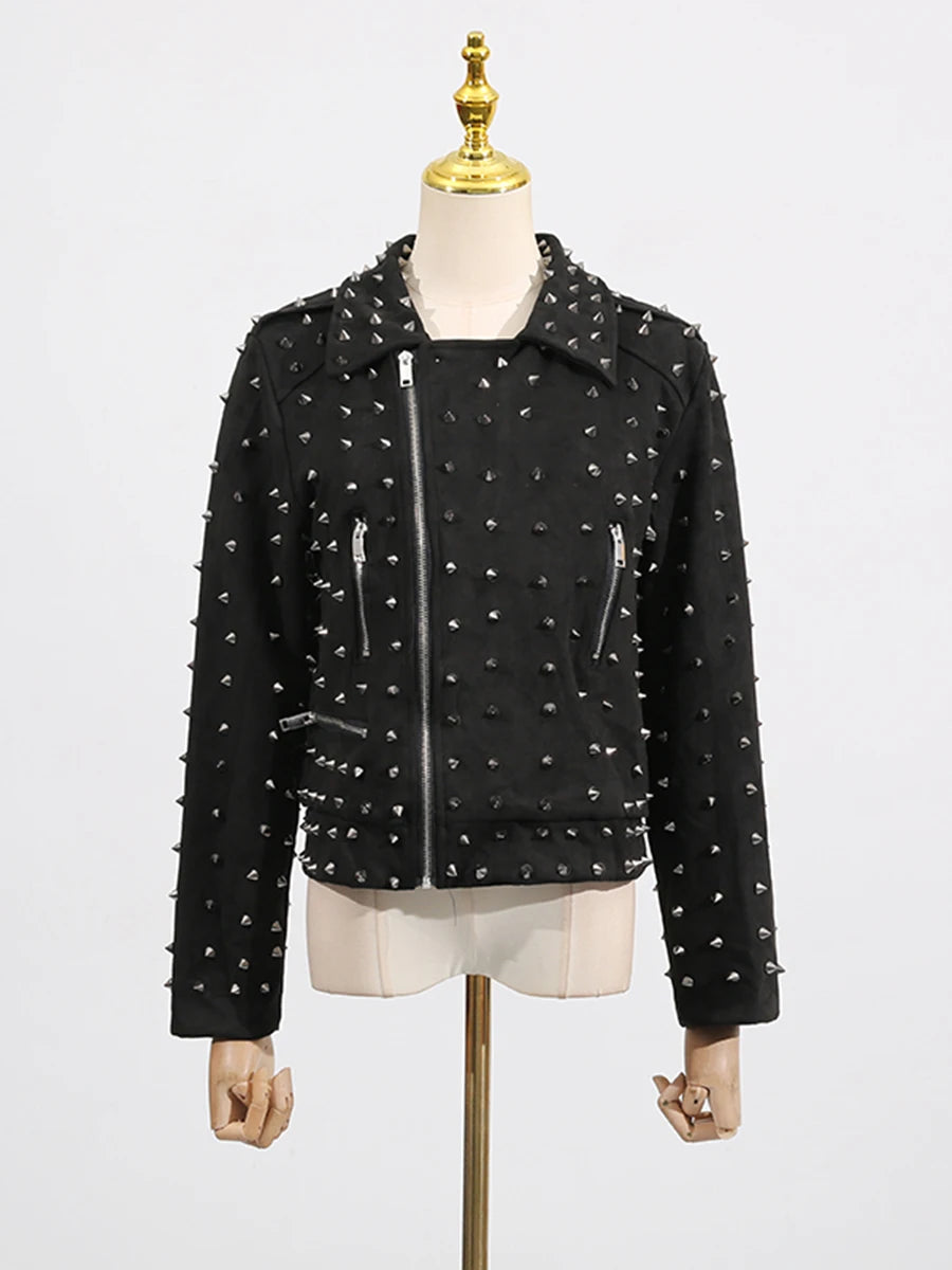 TWOTWINSTYLE Solid Spliced Zippers Casual Jackets for Women Lapel Lomg Sleeves Patchwork Rivets Luxurious Jacket Femlae Fashion