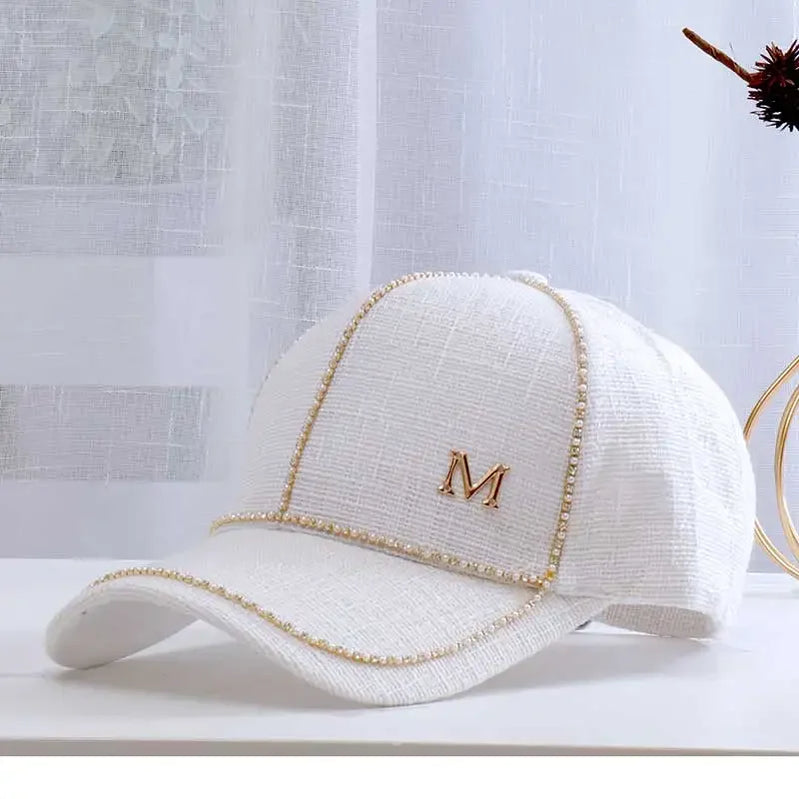 Women Letter M Baseball Caps For Female Adjustable Hip Hop Fashion Shiny Hats WHITE
