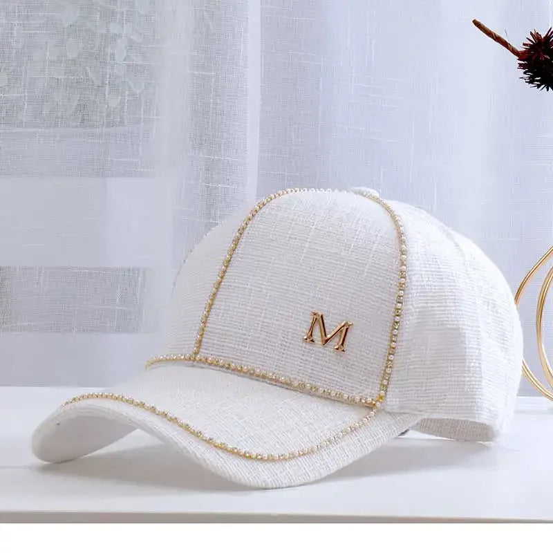 Women Letter M Baseball Caps For Female Adjustable Hip Hop Fashion Shiny Hats WHITE