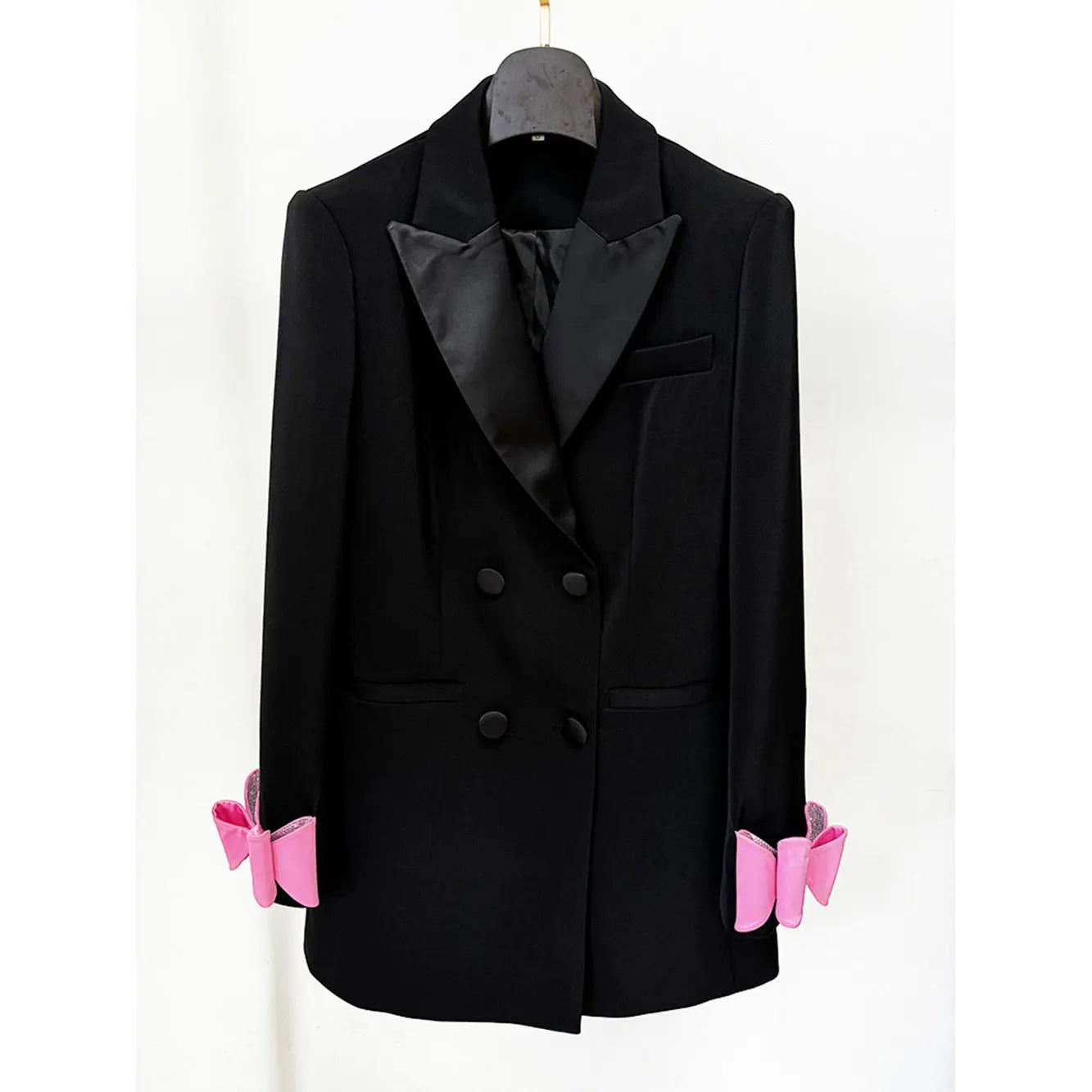 2024 Autumn Elegant Women's OL Medium length Blazer Collar Long Sleeve Double breasted Water Diamond Bow Decoration Blazer Dress