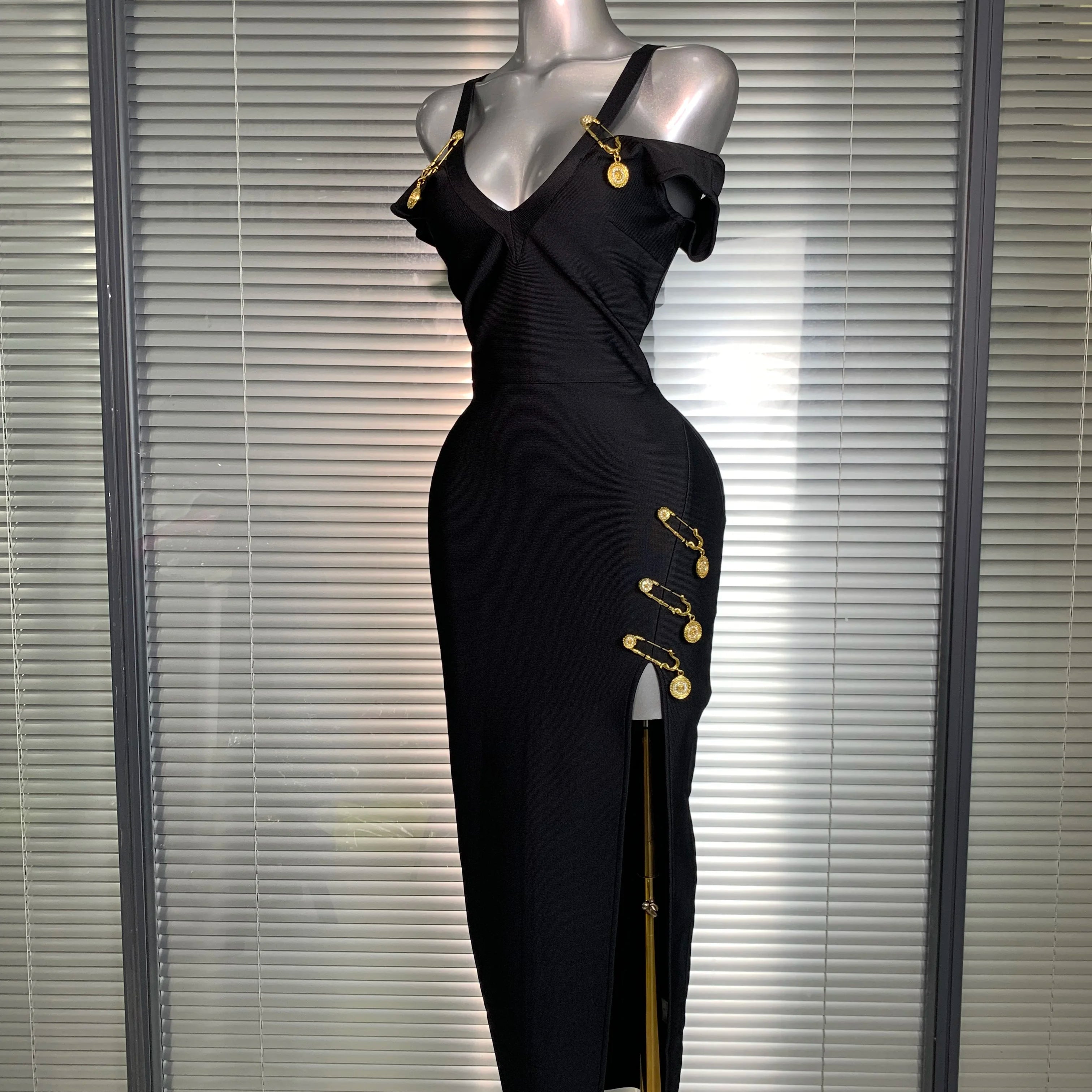 Summer New 2025 Women Sexy Designer Pin Celebrity Black Bandage Dress Split Evening Bodycon Party Dress