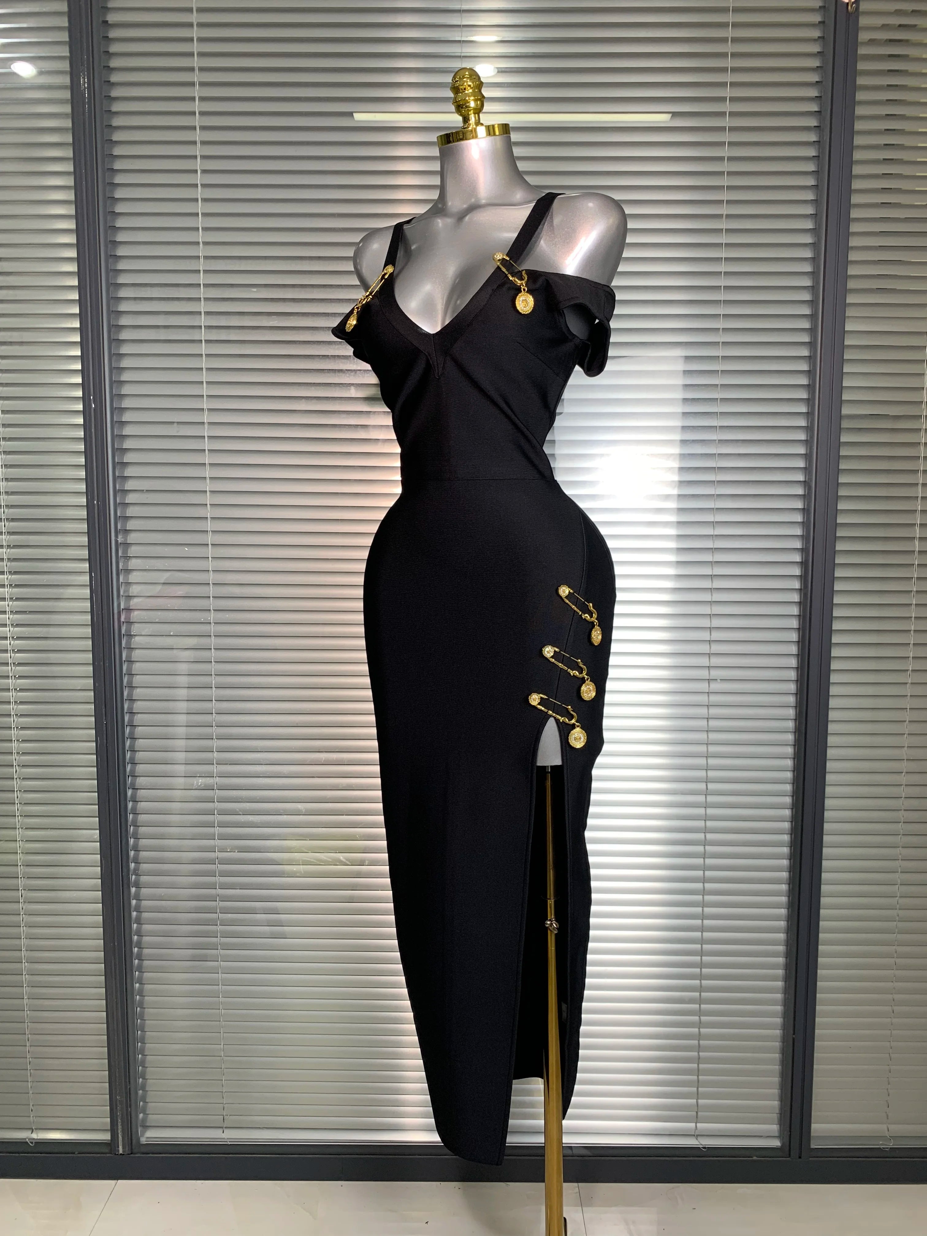 Summer New 2025 Women Sexy Designer Pin Celebrity Black Bandage Dress Split Evening Bodycon Party Dress
