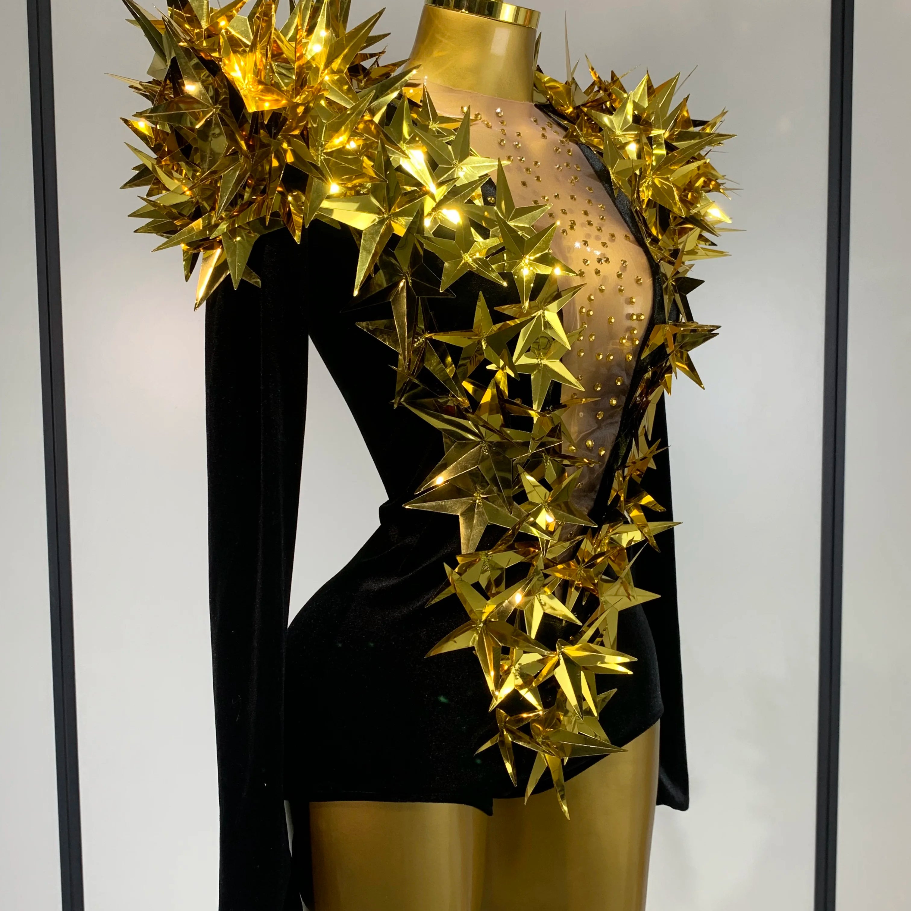 Women Sparkly Gold Rhinestone Black Velvet Long Sleeve Bodysuit Evening Party Club Gala Hosts Night Club Bar Stage Costumes