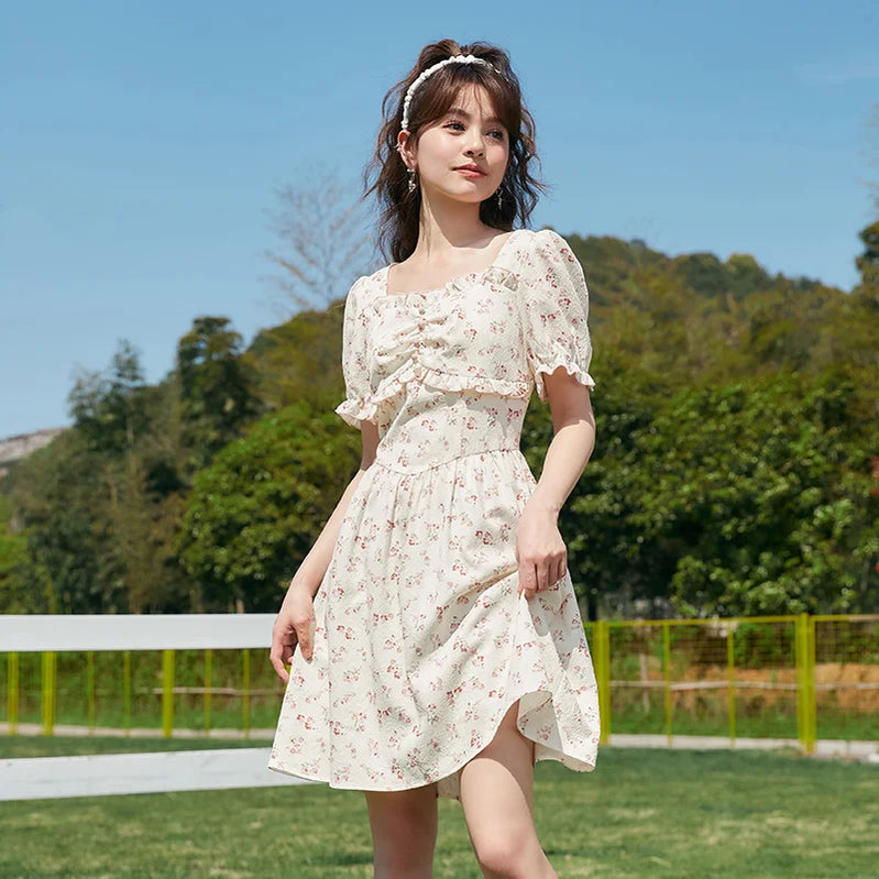 Dress Women Waist Stringy Selvedge Summer Romantic Puff Sleeves Square Neck Textured Floral Skirt