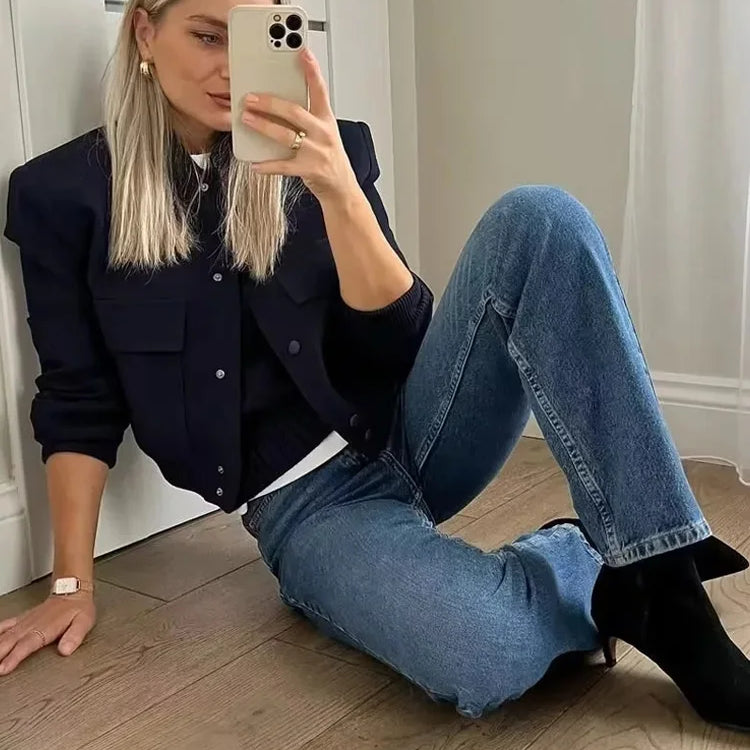 Women Fashion With Pockets Bomber Jacket Coats Vintage Long Sleeve Front Button Casual Female Outerwear Chic Tops