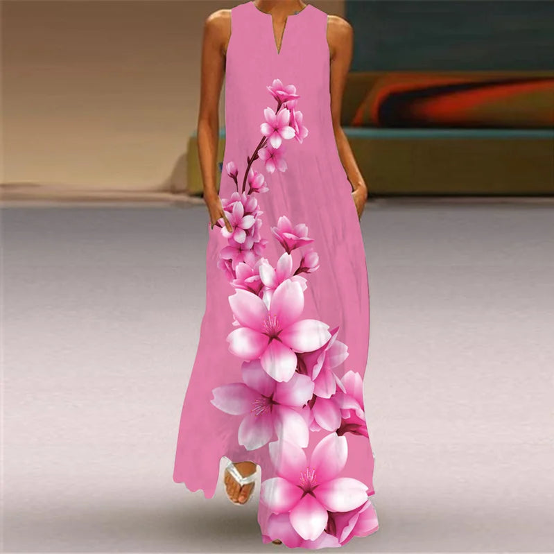 Vestido longo feminino elegante com decote em V, estampa floral fresca, sem mangas, solto, reto, praia, férias, vestido longo