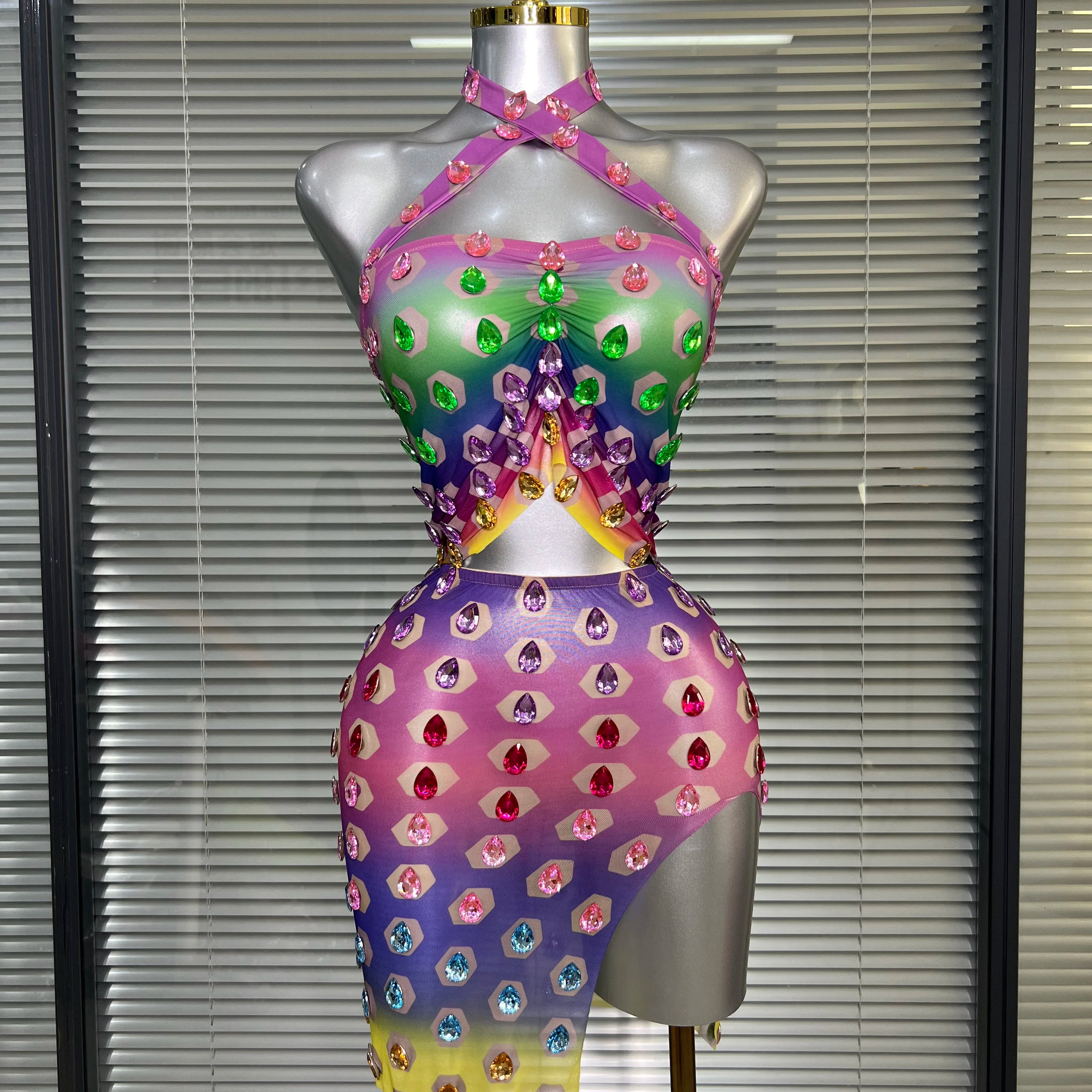 Women Sexy Two Pieces Set Women Crystal Diamond Night Club Halter Skirt Suits Singer Dancer See Through Stretchy Stage Costume