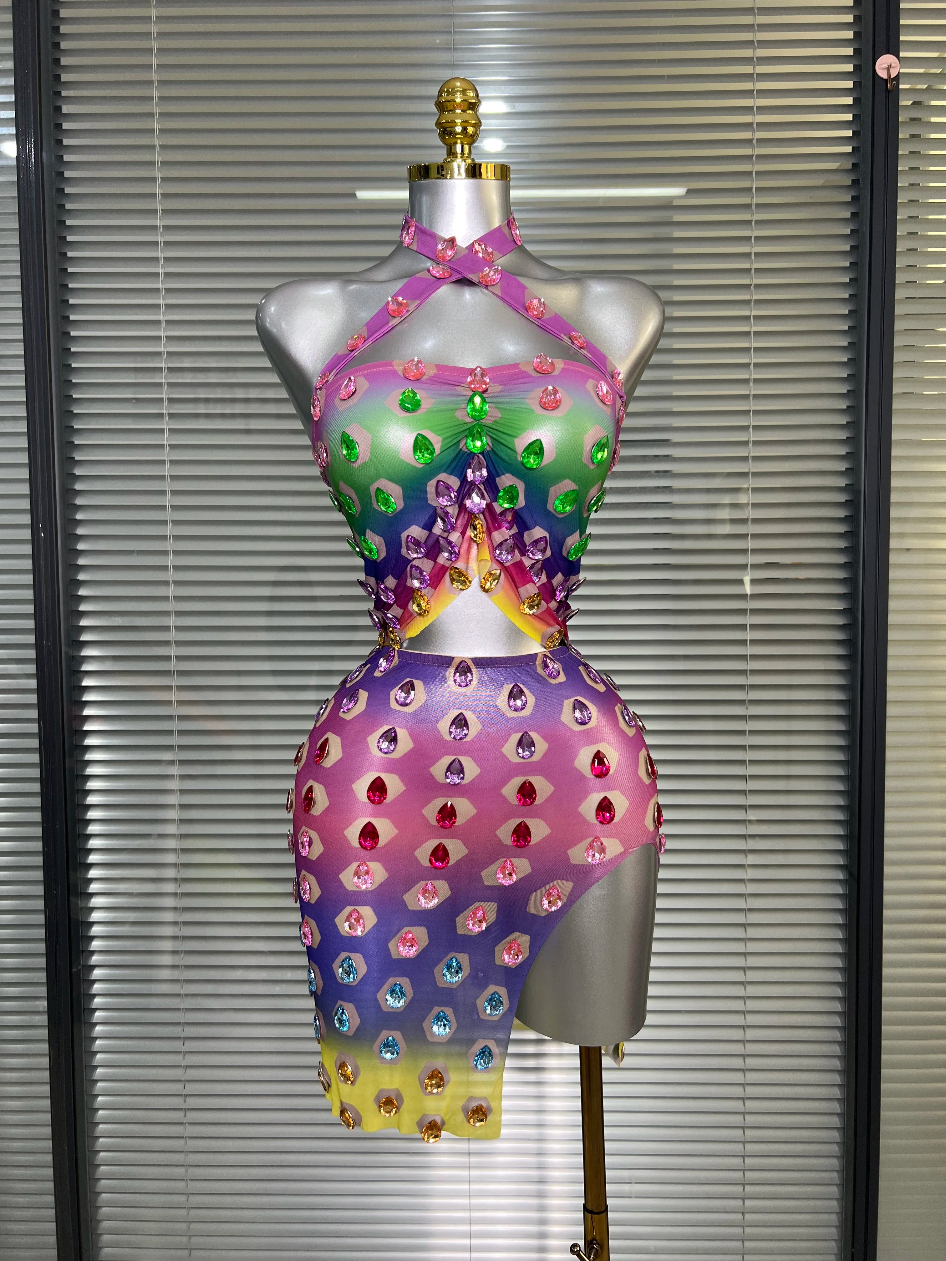 Women Sexy Two Pieces Set Women Crystal Diamond Night Club Halter Skirt Suits Singer Dancer See Through Stretchy Stage Costume