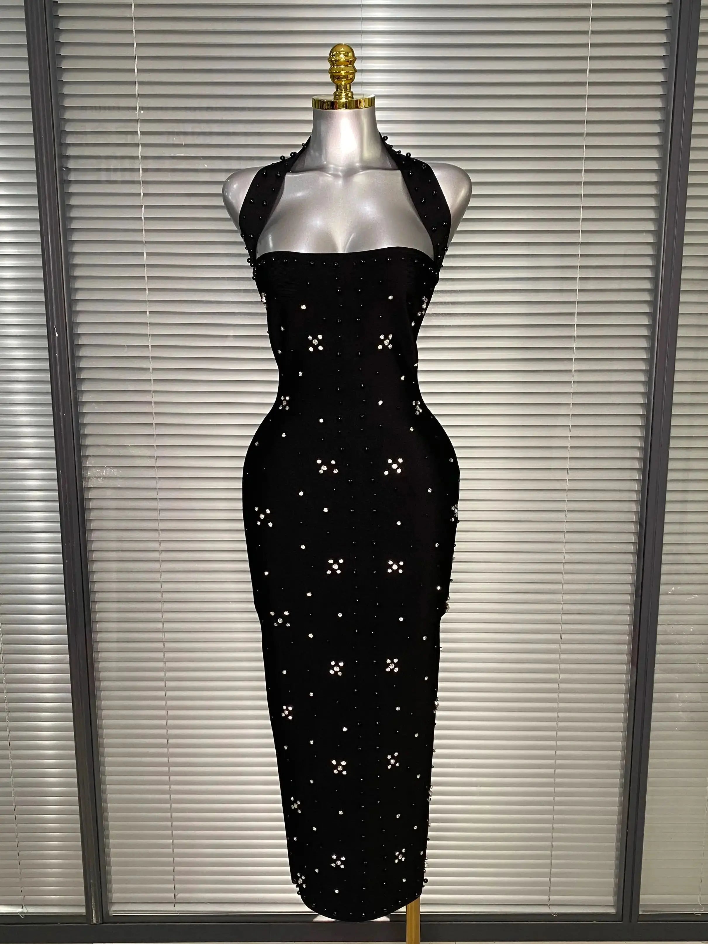 Summer New 2025 Women Black Halter Long Bodycon Bandage Dress Crystal Beaded Backless Evening Party Dress Vestido