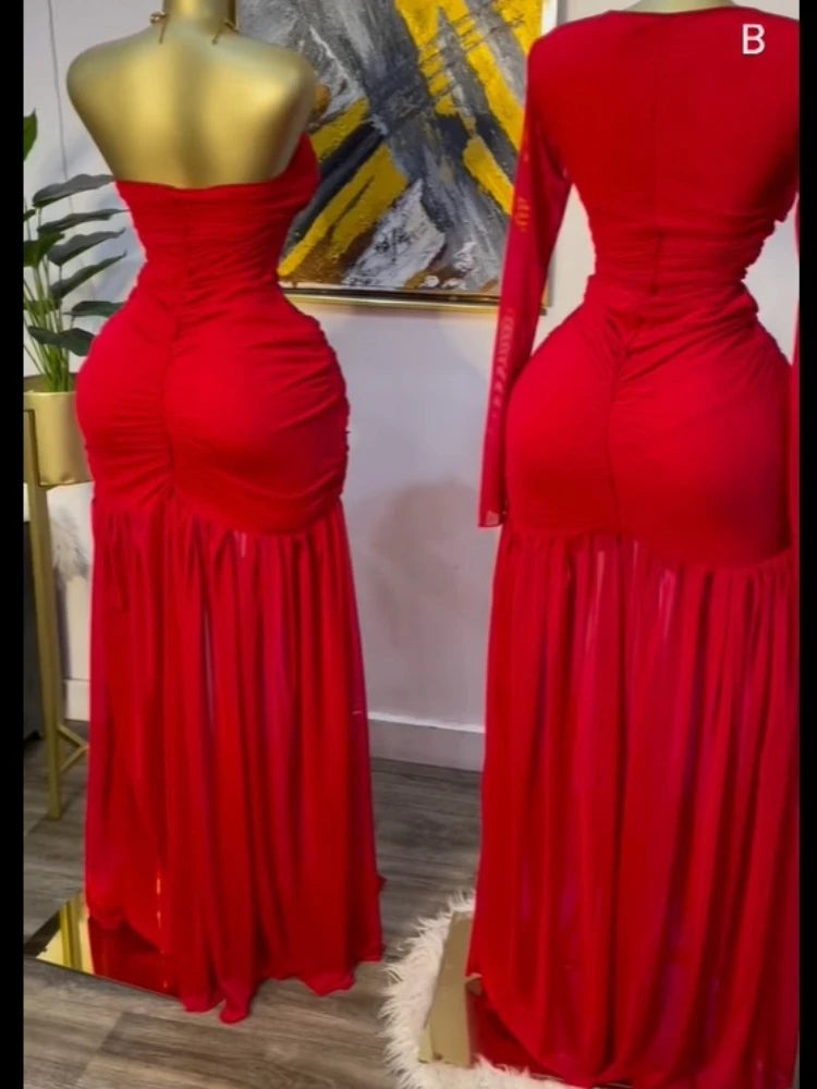 CM.YAYA Women Stacked Ruched Draped High Split Pleated Maxi Long Bodycon Dress 2025 Holiday Birthday Club Party Evening Dresses