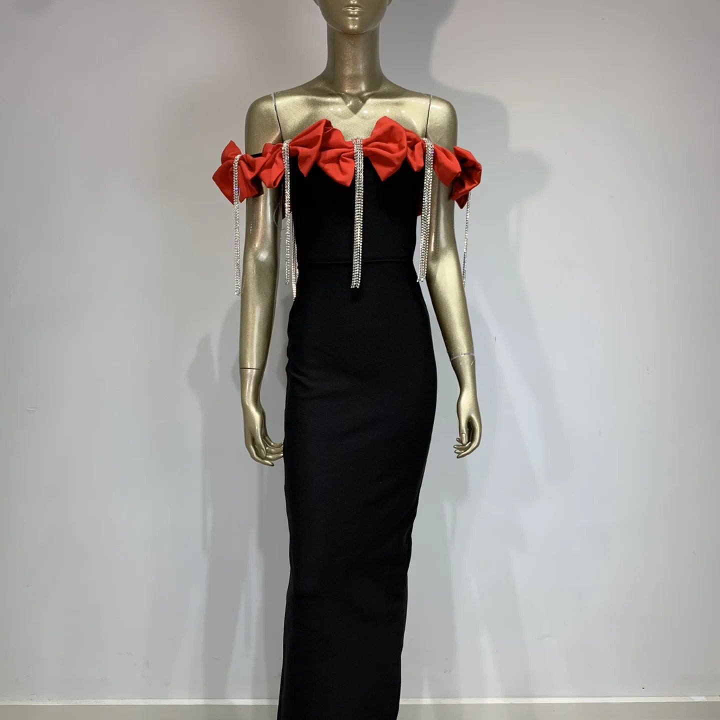 Women Sexy Off the Shoulder Bodycon Bandage Long Dress Bow Chain Elegant Evening Party Celebrate Birthday Dress