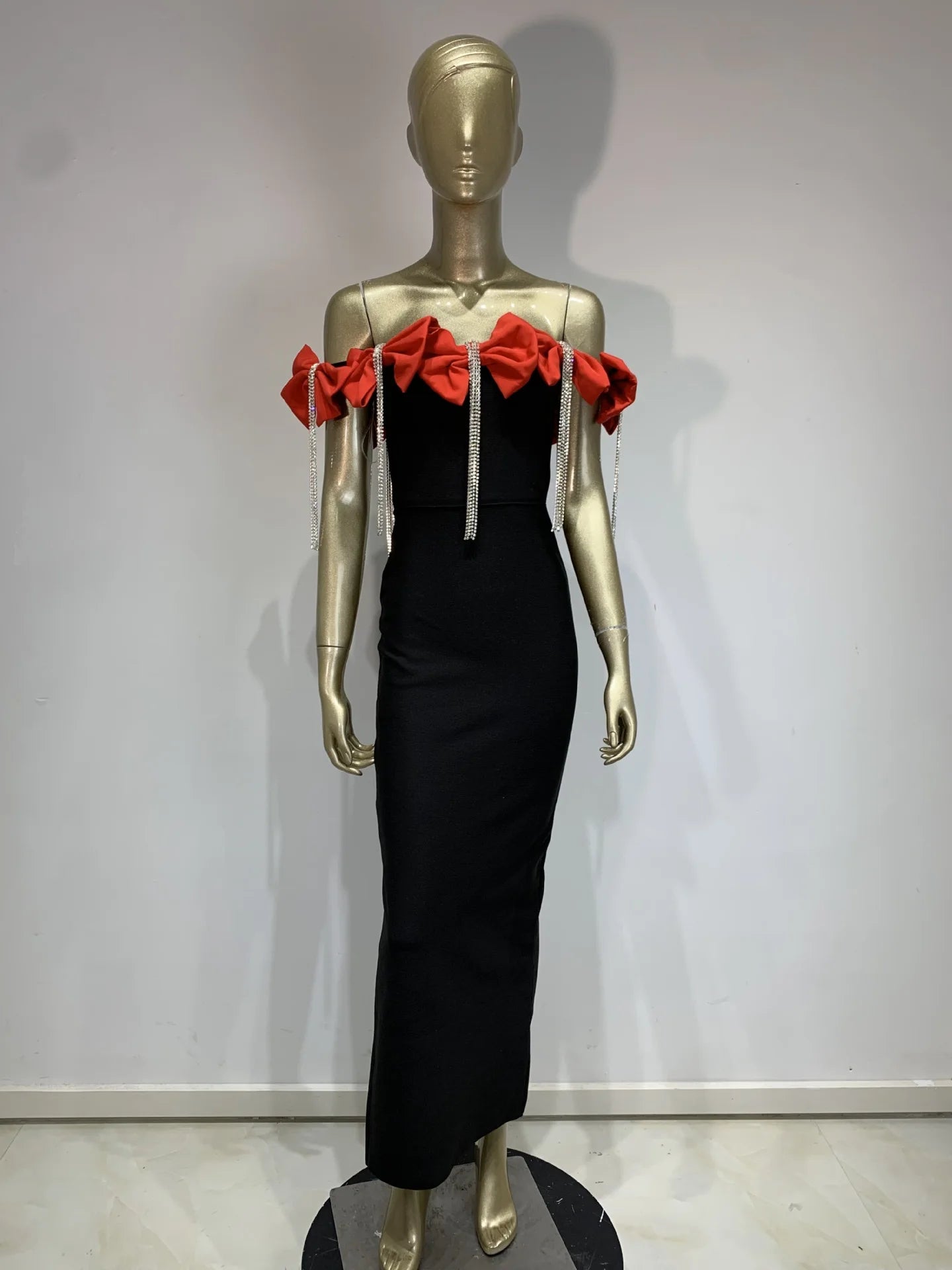 Women Sexy Off the Shoulder Bodycon Bandage Long Dress Bow Chain Elegant Evening Party Celebrate Birthday Dress